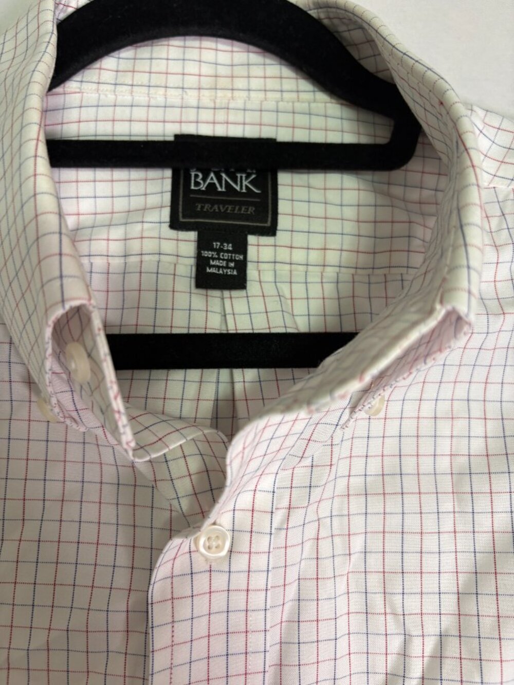 Jos A Bank Traveler Men's Dress Shirt 17 34 White Red Blue Check Cotton